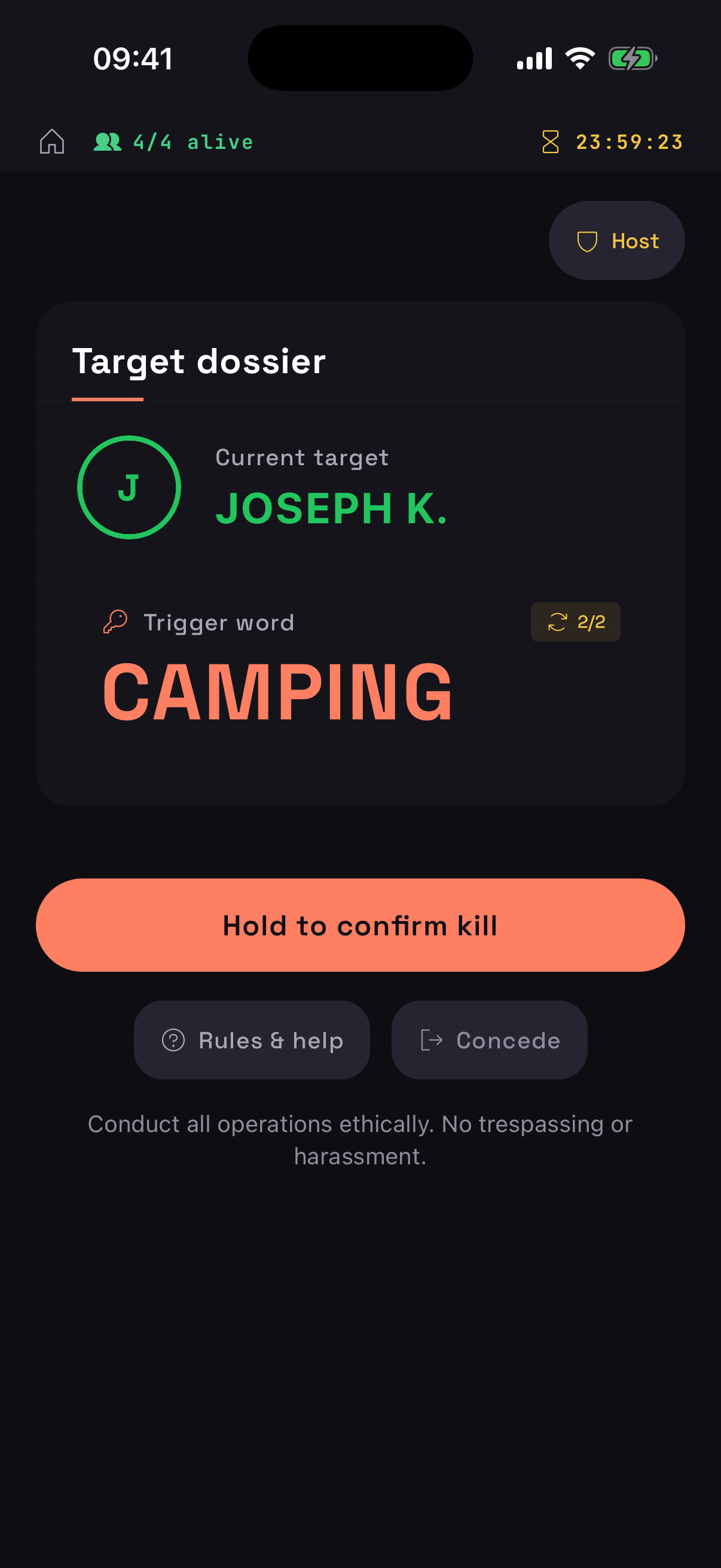 A player's secret target and trigger word during a Coax game