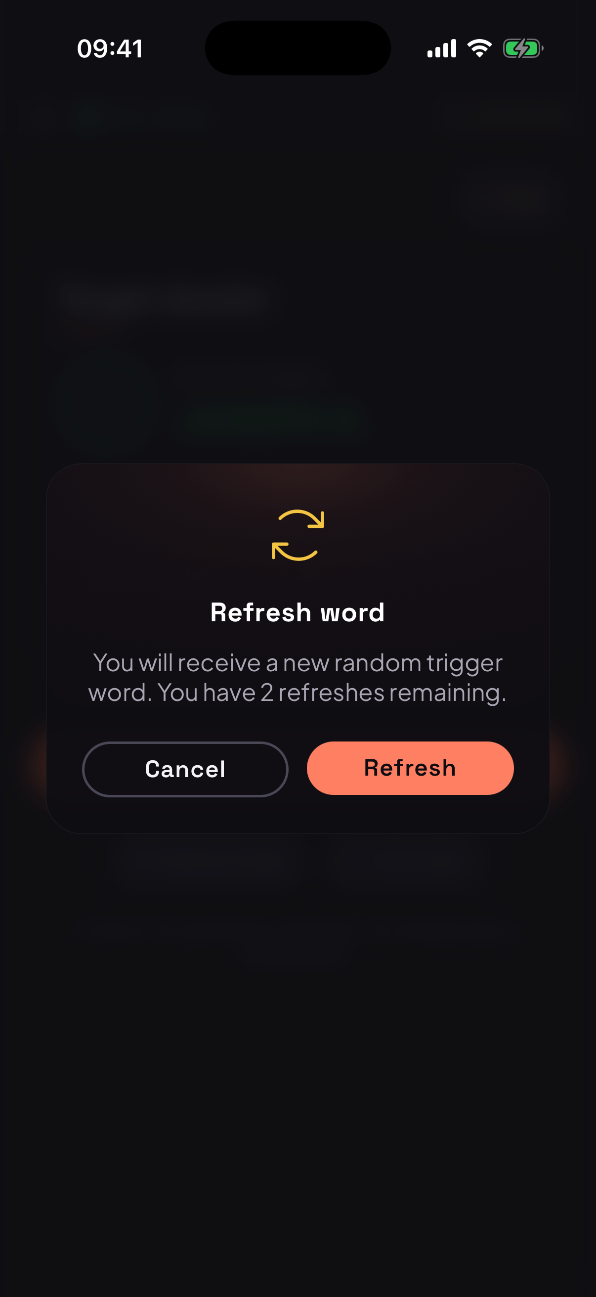 The Coax hunt screen asking to confirm a trigger-word refresh, with two refreshes remaining