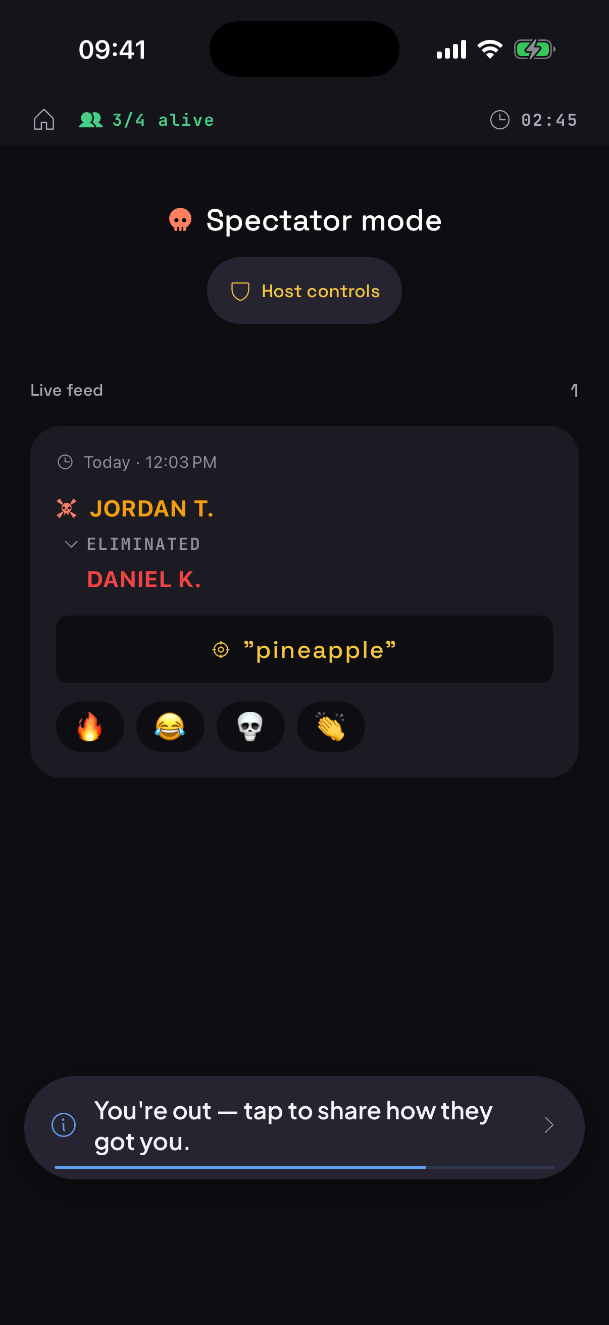 Coax spectator mode showing a live feed of eliminations